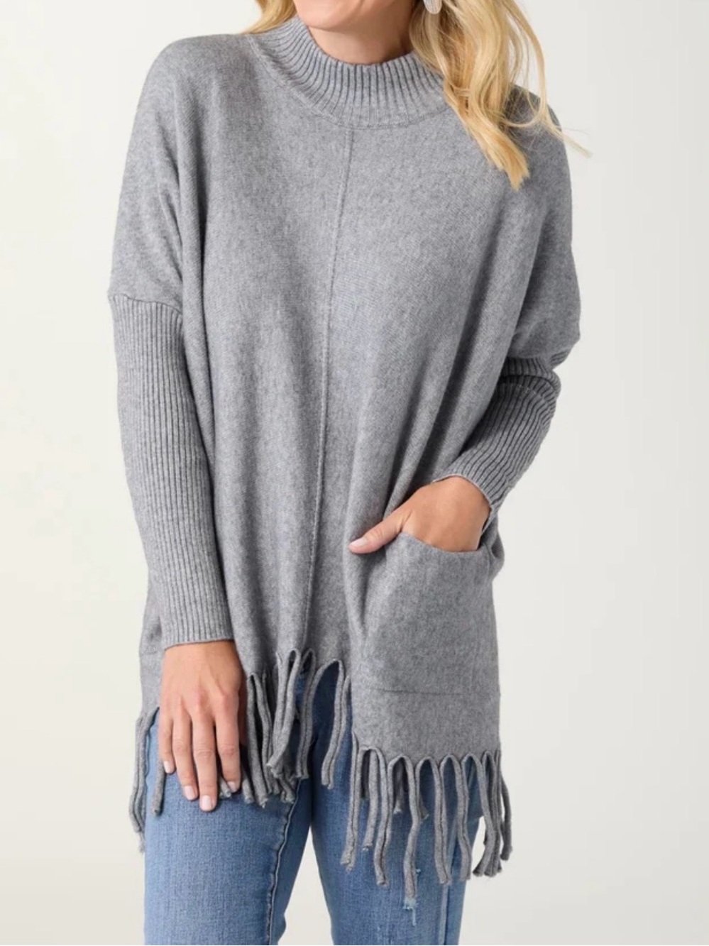 Coco + Carmen Heather Gray Fringe Poncho Sweater